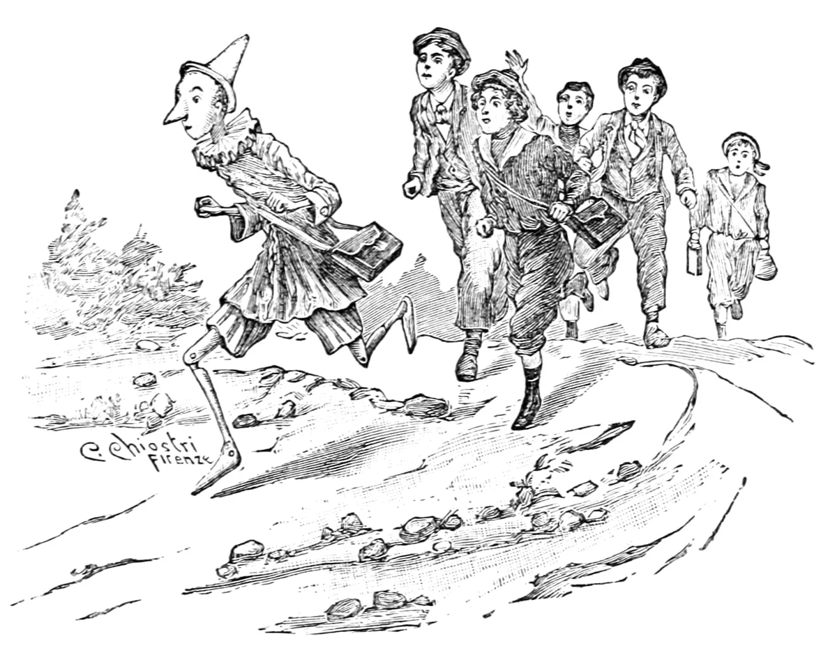 Pinocchio, con la cartella sotto il braccio, corre attraverso i campi molto davanti a un branco di scolari che lo seguono con libri e cartelle.