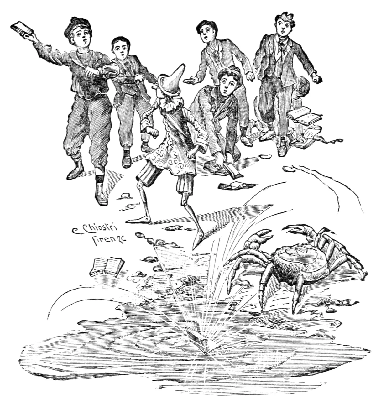 Un grosso Granchio esce sulla spiaggia accanto a uno spruzzo d'acqua, mentre Pinocchio fronteggia un gruppo di compagni che gli lanciano contro dei libri.