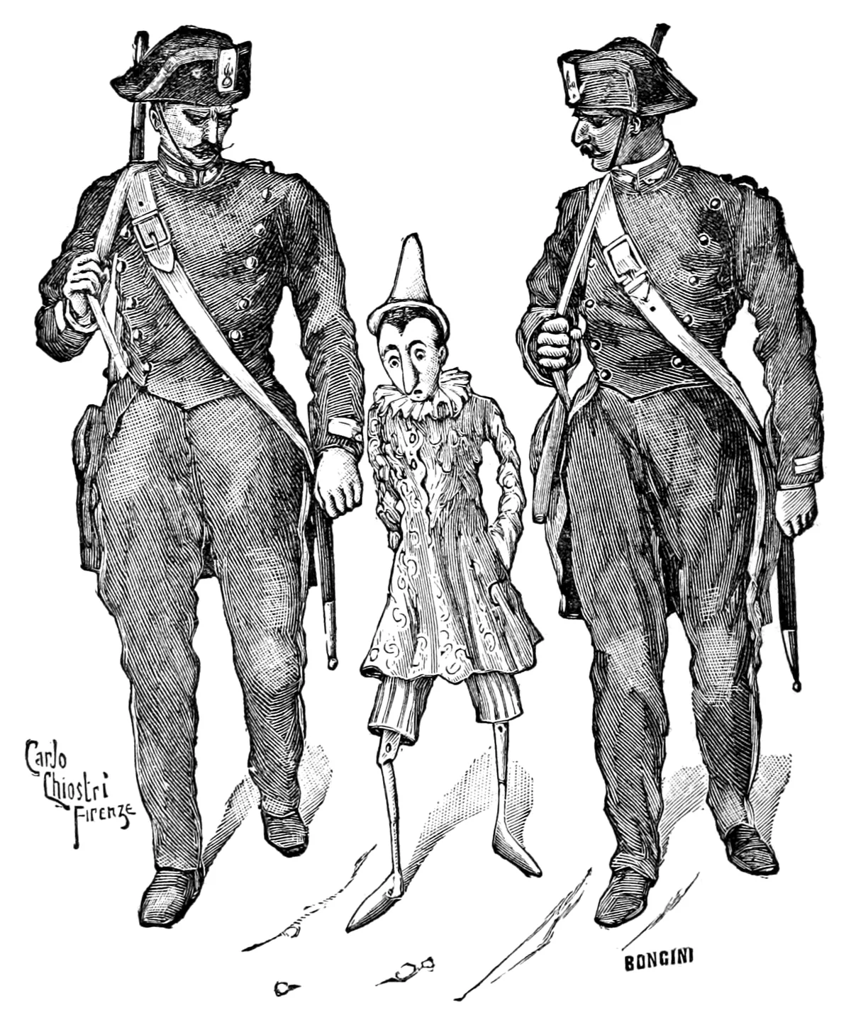 Pinocchio cammina in mezzo a due carabinieri baffuti, con la lucerna in testa e il fucile a tracolla.