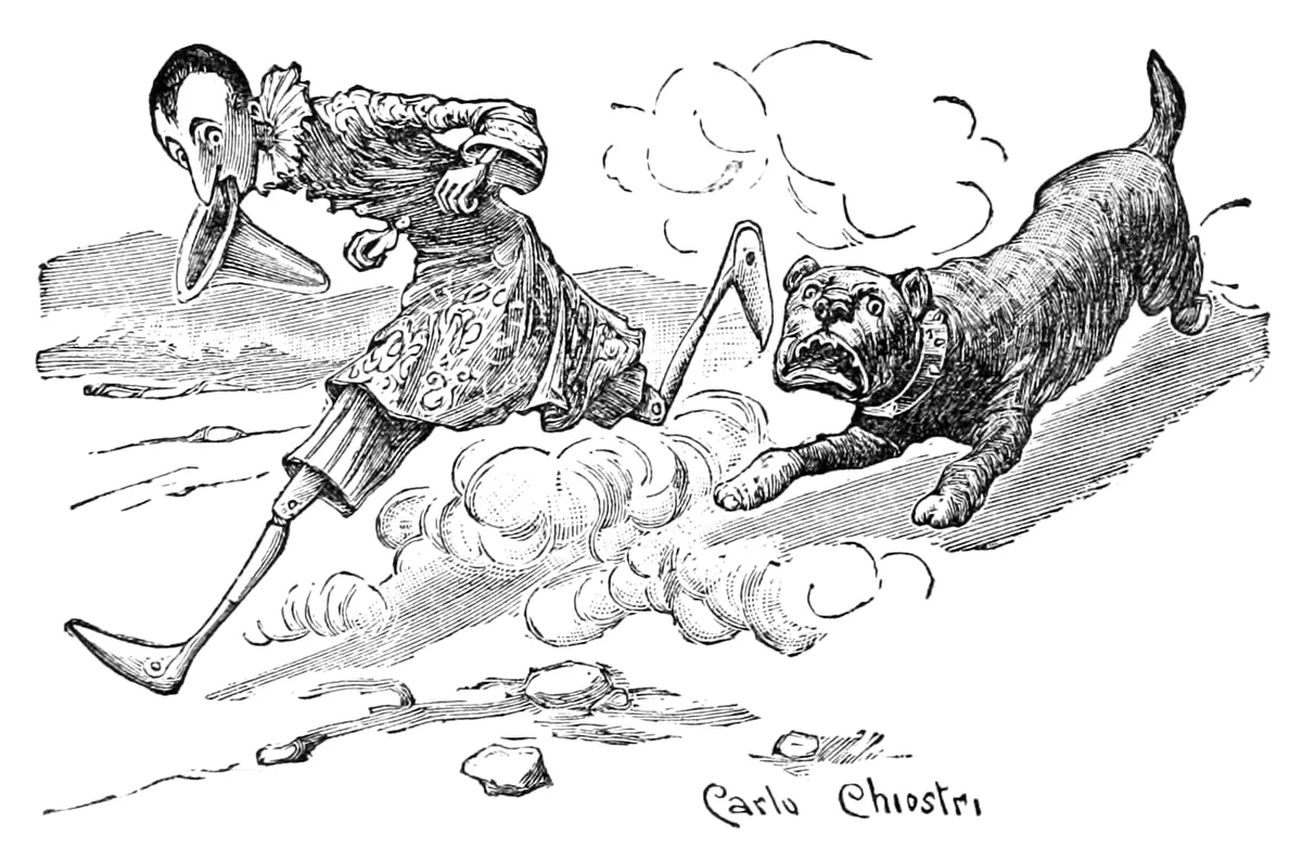 Pinocchio rennt in einer Staubwolke davon, die Mütze fliegt ihm vom Kopf, und die Dogge Alidoro mit breitem Halsband ist ihm dicht auf den Fersen.