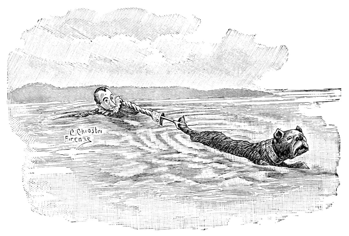 Pinocchio schwimmt durchs Meer und zieht Alidoro hinter sich her, dessen Schwanz er mit beiden Händen hält, während der Kopf des großen Hundes aus dem Wasser ragt.