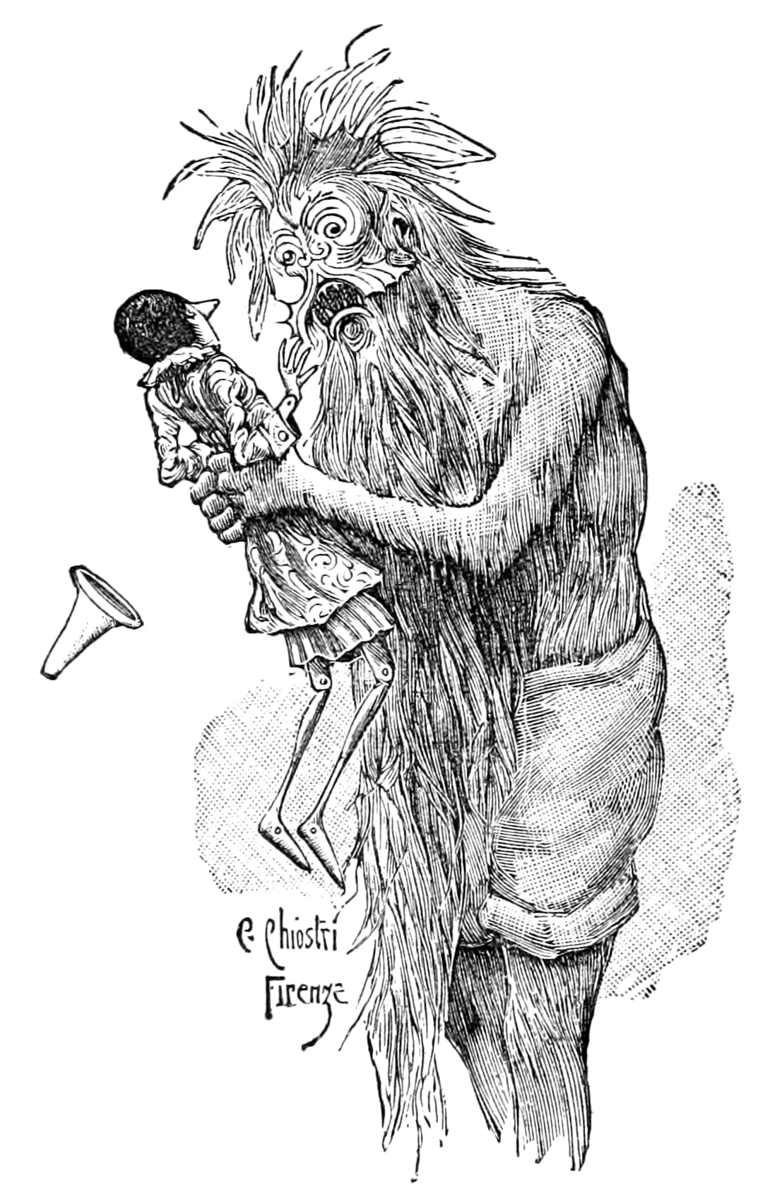 Der grüne Fischer, eine zottige Gestalt voller langer wirrer Haare, hält Pinocchio dicht vors Gesicht und starrt ihn mit hervorquellenden Augen an, während die Mütze des Hampelmanns herunterfällt.