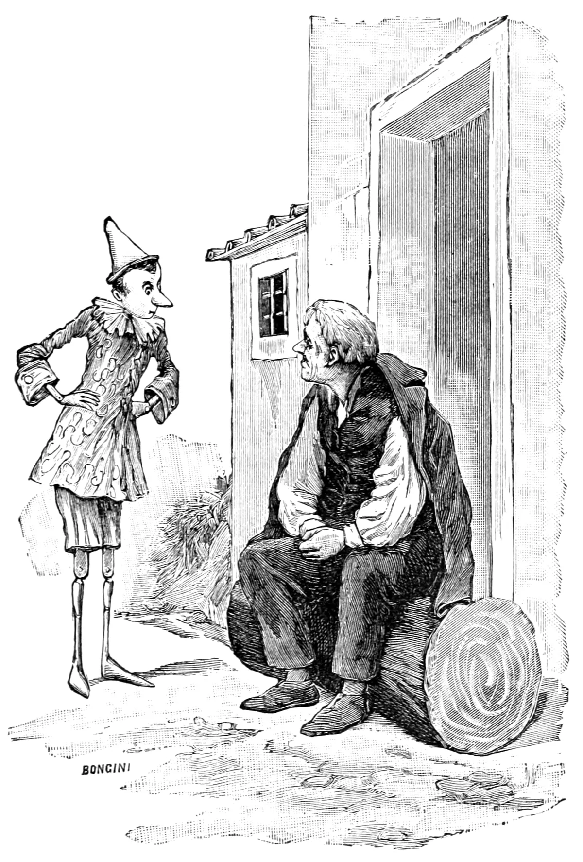 Pinocchio, die Hände in die Hüften gestemmt und mit spitzer Mütze, spricht mit einem alten Mann, der auf einem Holzklotz vor einer Haustür sitzt.