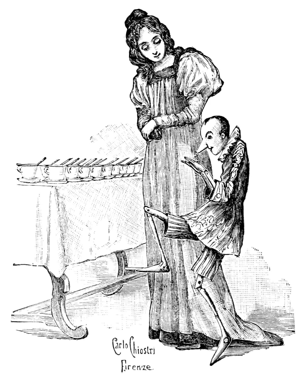 Pinocchio kniet neben der Fee, die zärtlich auf ihn herabblickt, an einem langen Tisch, auf dem Reihen von Tassen und Untertassen stehen.