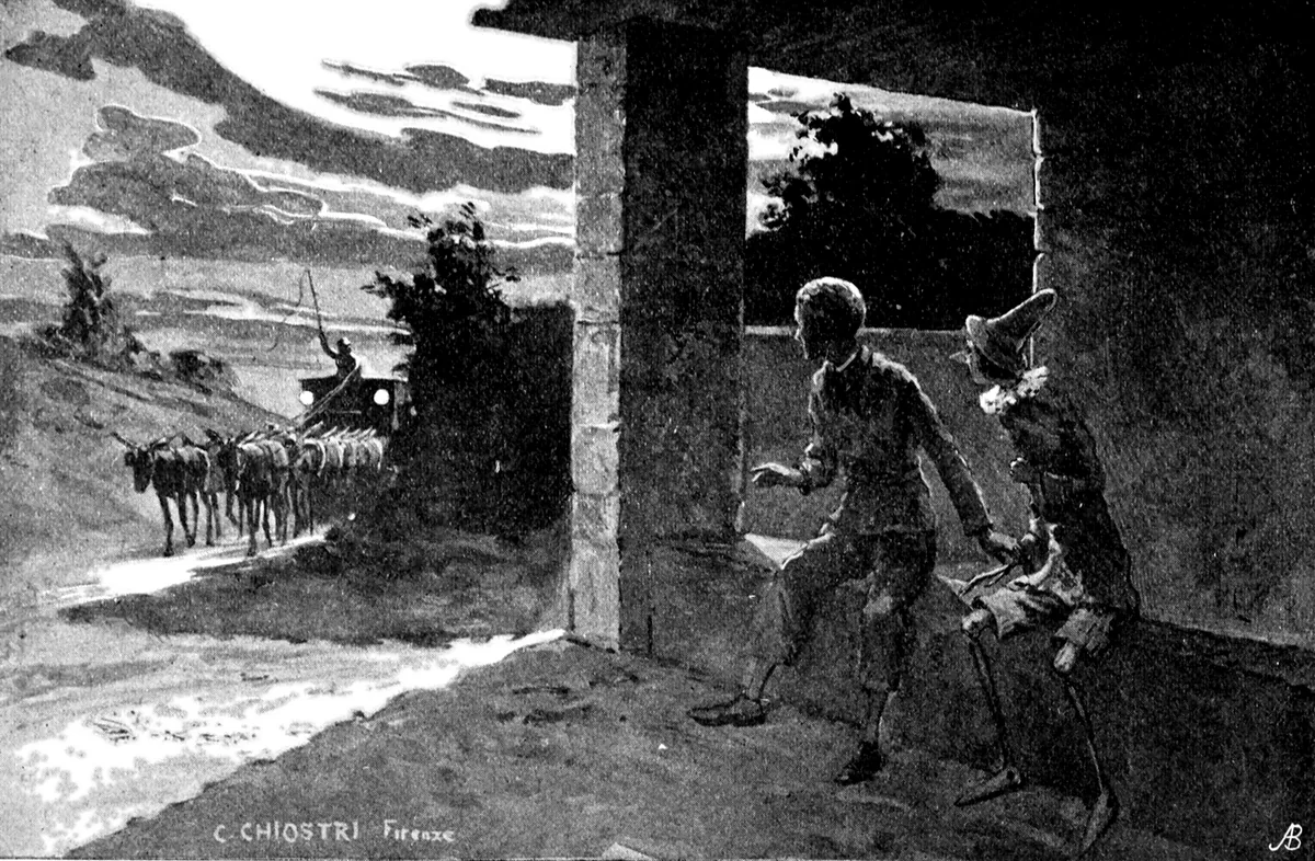 Al crepuscolo Lucignolo e Pinocchio, seduti su un muretto sotto un portico di pietra, guardano arrivare lungo la strada un carro tirato da una lunga fila di ciuchini.