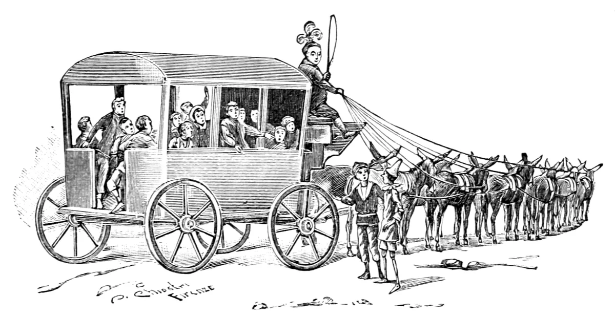 Un grande carro pieno zeppo di ragazzi, con l'Omino a cassetta e la frusta alzata, è tirato da una lunga fila di ciuchini; accanto stanno Pinocchio e un altro ragazzo.