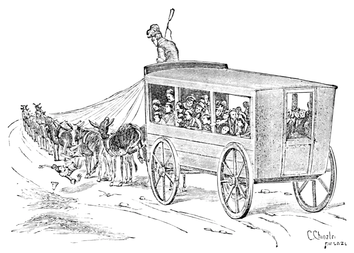 Il carro pieno di ragazzi avanza tirato dai ciuchini, con l'Omino in cima, mentre Pinocchio, sbalzato a terra, giace lungo disteso sulla strada.