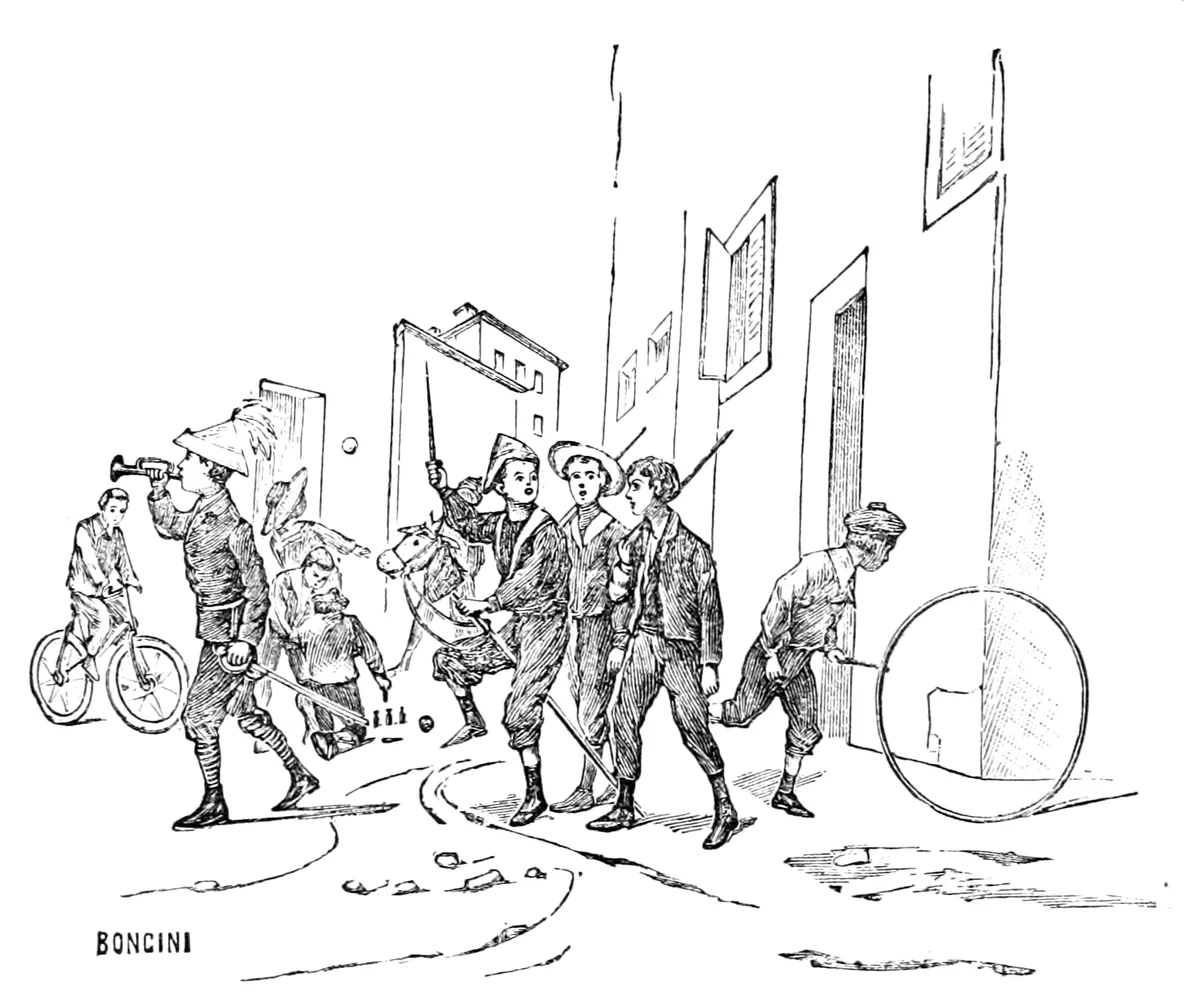 In una via del Paese dei balocchi i ragazzi fanno baldoria: chi va in velocipede, chi suona la trombetta, chi cavalca un cavallino di legno, chi marcia col bastone, chi spinge un cerchio.