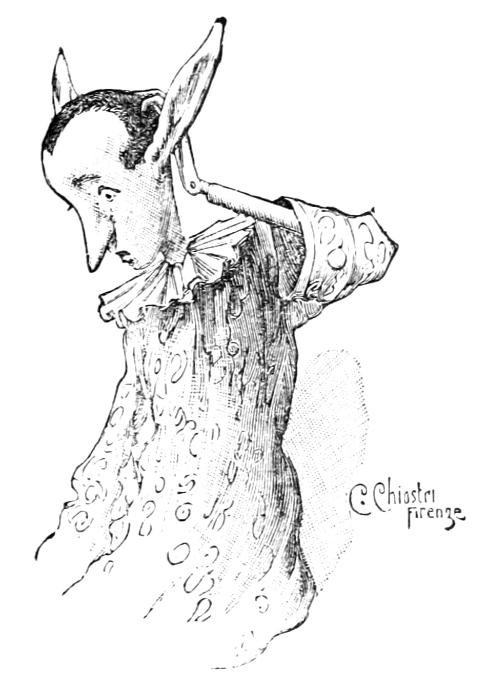 Pinocchio mit seinem Rüschenkragen greift bestürzt nach einem der langen, spitzen Eselsohren, die ihm auf dem Kopf gewachsen sind.