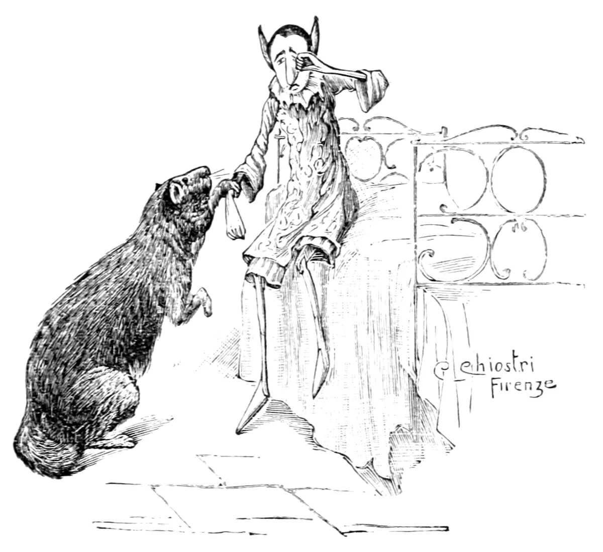 Pinocchio mit Eselsohren sitzt auf der Kante eines eisernen Bettes und wischt sich die Augen, während das Murmeltierchen auf den Hinterbeinen steht und ihm den Puls fühlt.