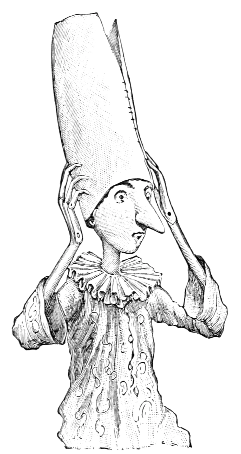 Pinocchio zieht sich mit erschrockener Miene mit beiden Händen eine riesig hohe Baumwollmütze über den Kopf, um seine Ohren zu verstecken.