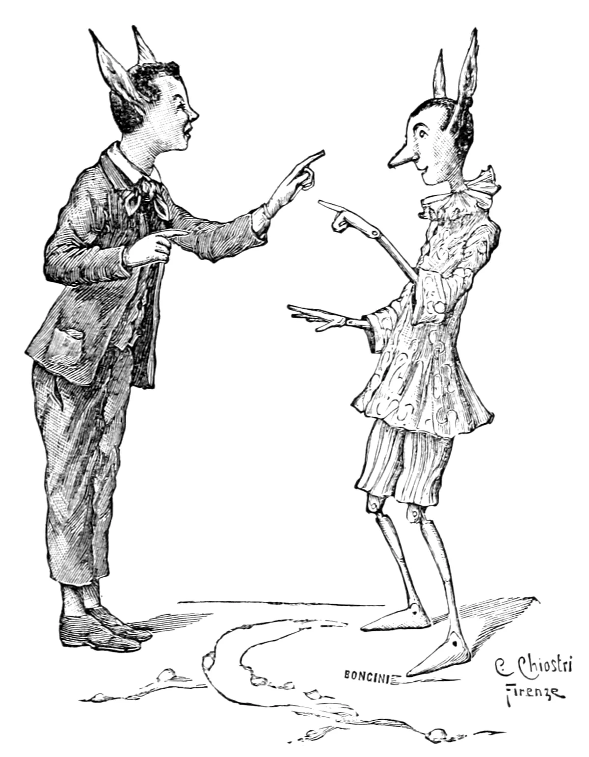 Docht und Pinocchio, beide mit langen Eselsohren, stehen einander gegenüber, zeigen aufeinander und lachen.