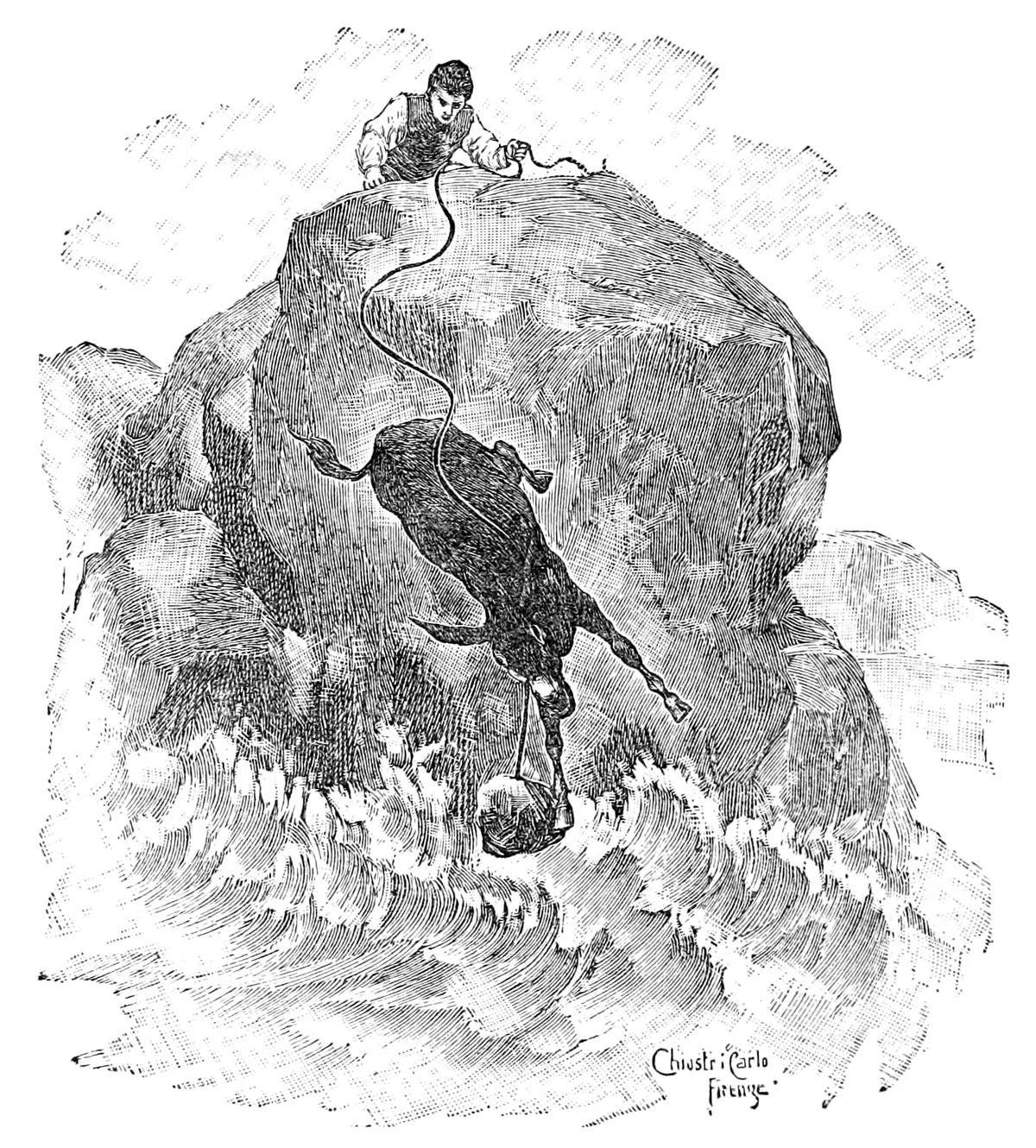 Oben auf einem großen Felsen hält ein Mann ein Seil, während der Esel, einen schweren Stein um den Hals, kopfüber in die Wellen stürzt.