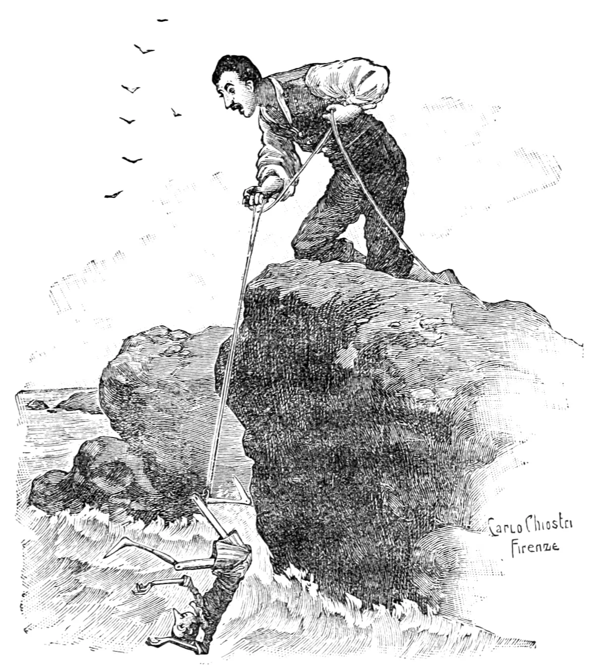 Der Käufer steht auf dem Felsen und zieht das Seil herauf, an dessen Ende in der Brandung kein Esel, sondern Pinocchio hängt, wieder ein Hampelmann aus Holz.