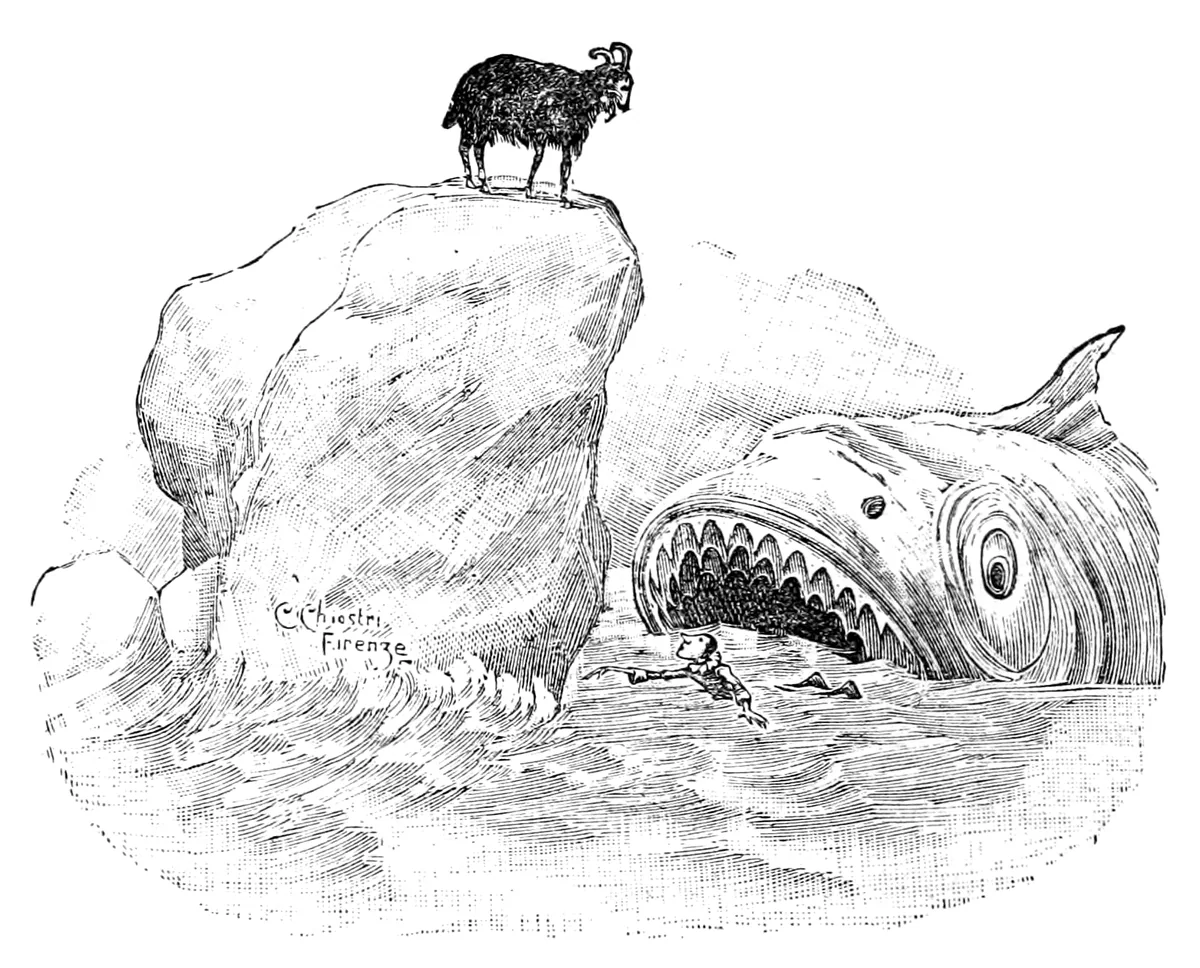 Pinocchio schwimmt verzweifelt auf einen Felsen zu, auf dem die kleine Ziege steht, während hinter ihm der Haifisch sein riesiges Maul voller Zähne aufreißt.