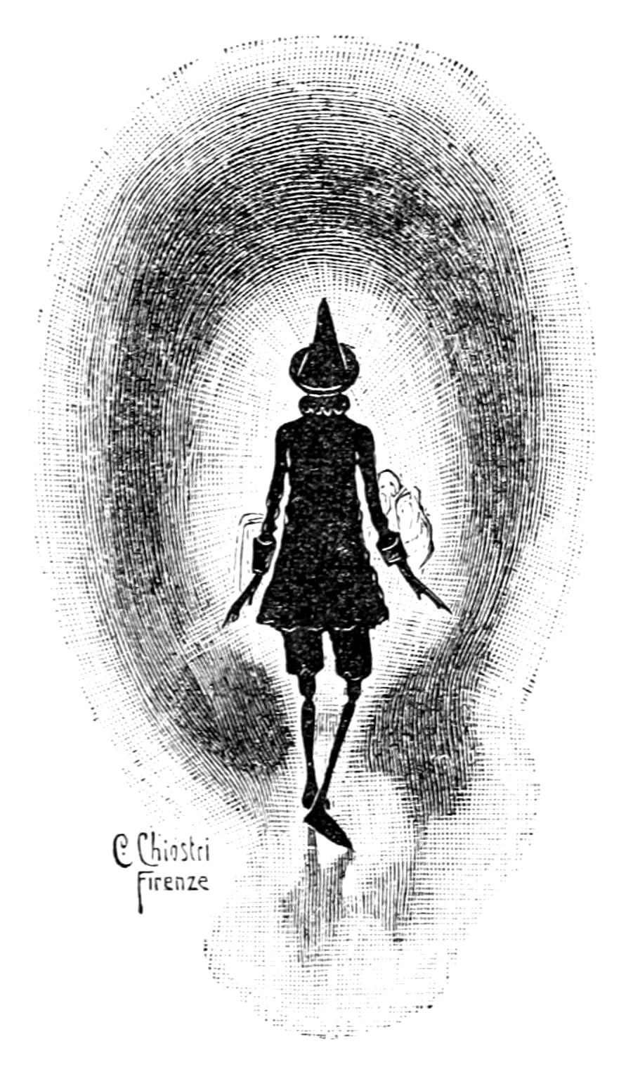 Von hinten gesehen, als dunkler Schattenriss, geht Pinocchio durch die Finsternis auf einen fahlen Lichtschein zu.