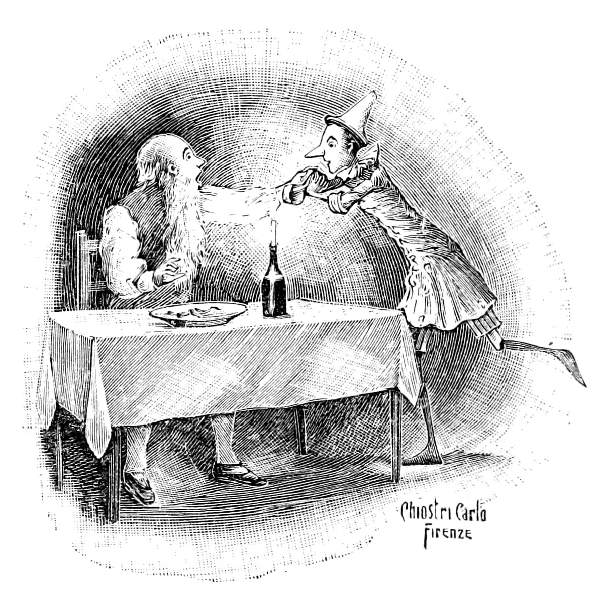 Pinocchio wirft sich über einen gedeckten Tisch und umarmt den weißbärtigen Geppetto, der vor einer Kerze in einer Flasche und einem Teller Fische sitzt.