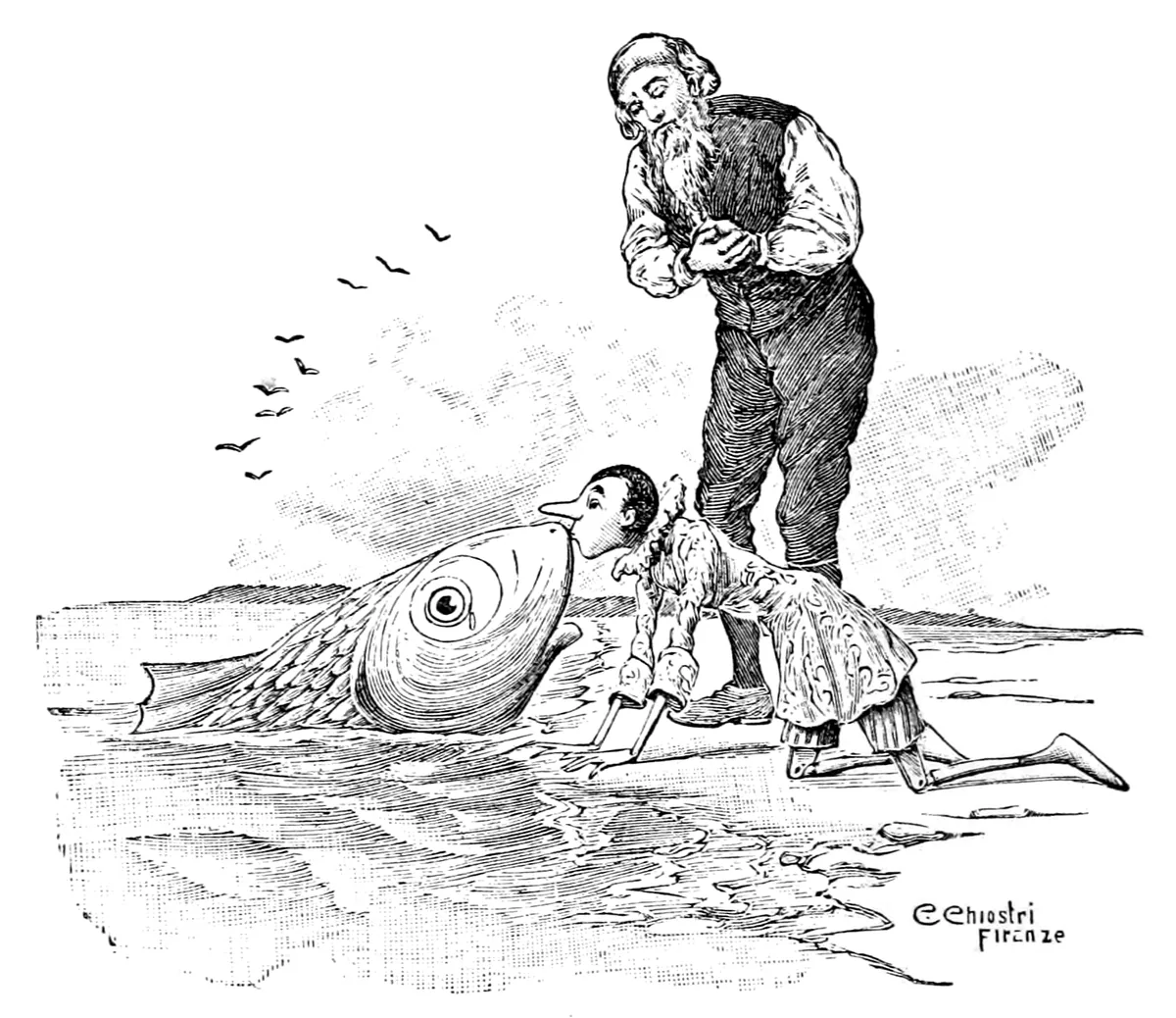 Am Ufer kniend küsst Pinocchio den Thunfisch, der sein Maul aus dem Wasser streckt, während Geppetto gerührt hinter ihm steht.