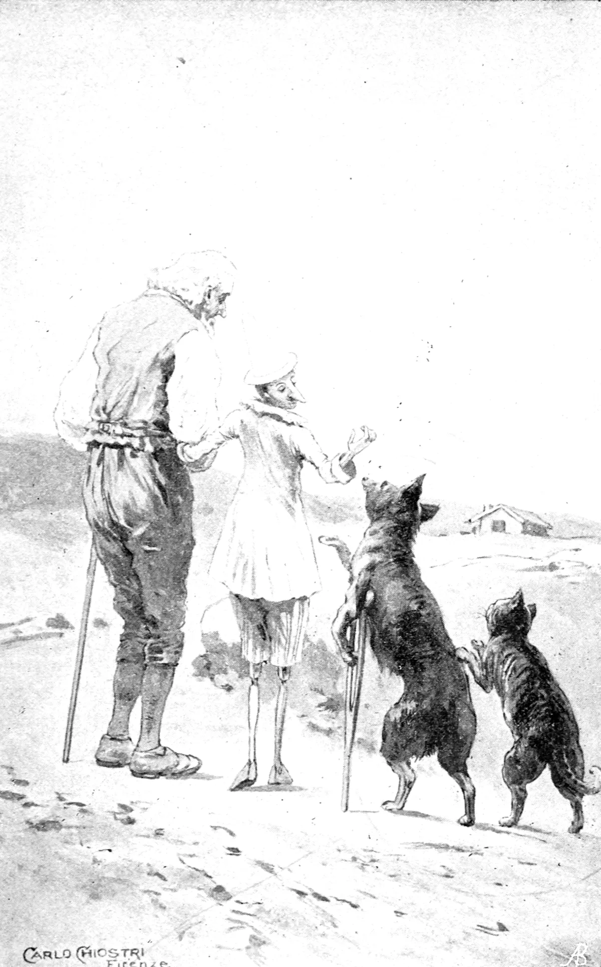 Auf einer staubigen Straße wenden sich Geppetto mit seinem Stock und Pinocchio dem Fuchs, der sich auf eine Krücke stützt, und dem Kater zu, die beide bettelnd auf den Hinterbeinen stehen.