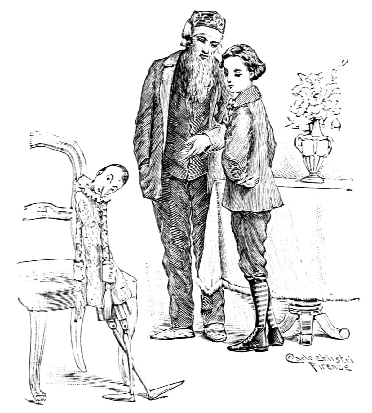 Geppetto und Pinocchio, nun ein richtiger Junge, betrachten einen großen hölzernen Hampelmann, der schlaff an einem Stuhl lehnt, den Kopf zur Seite geneigt, die Beine verschränkt.