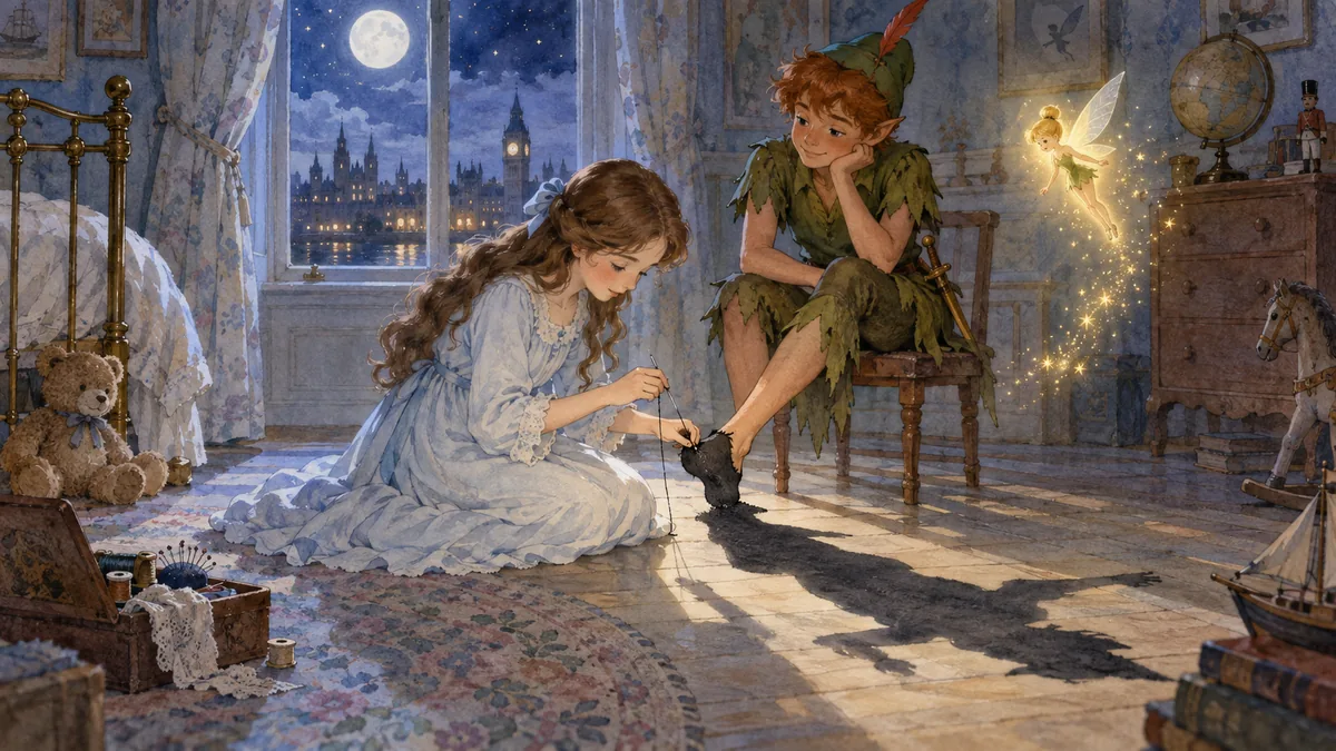 Wendy, inginocchiata, ricuce l'ombra di Peter Pan al suo piede nella stanza illuminata dalla luna mentre Trilli brilla accanto.