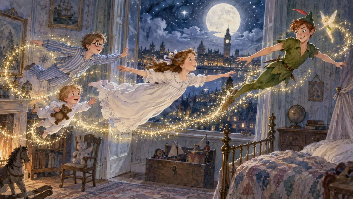 Wendy, John e Michael fluttuano e volteggiano nella stanza illuminata dalla luna tra polvere di fata dorata, guidati da Peter Pan.
