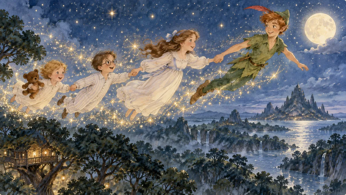Peter Pan und drei Kinder in Nachthemden schweben gemeinsam über den mondbeschienenen Baumwipfeln eines Zauberwaldes, umhüllt von goldenem Feenstaub unter dem Sternenhimmel.