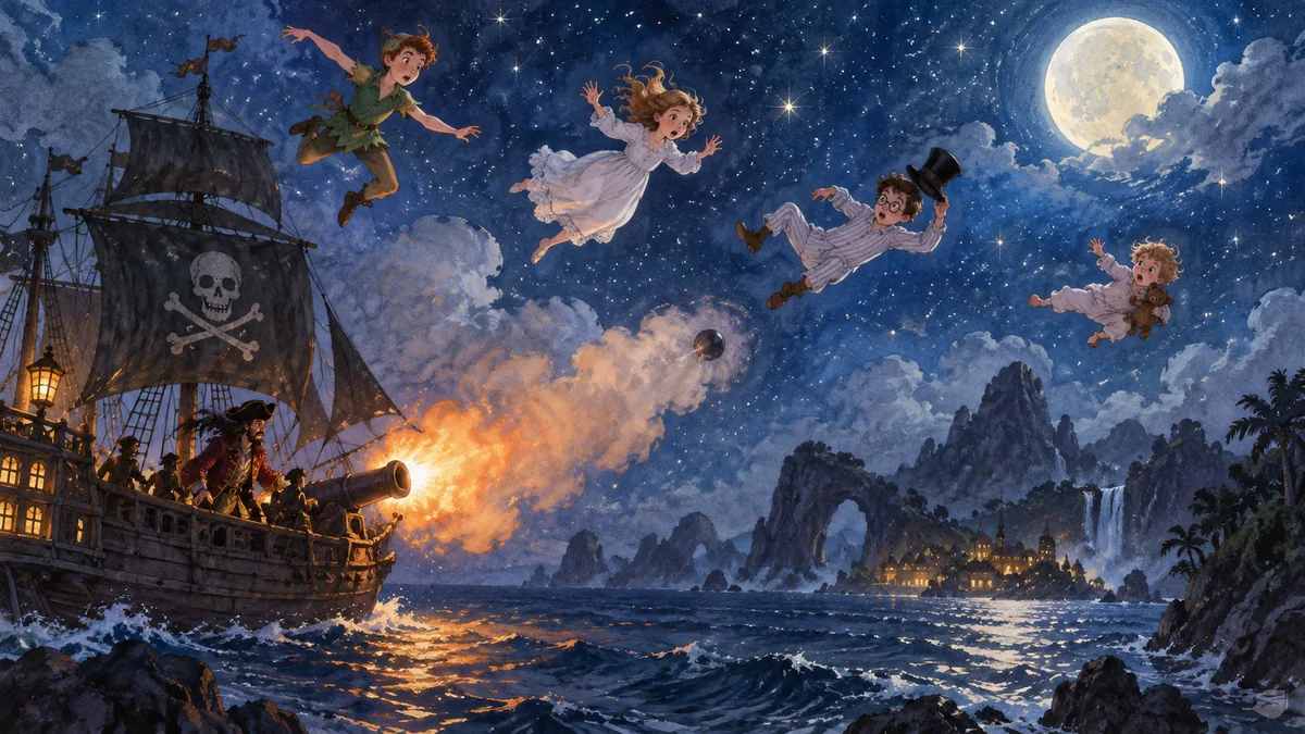 Ein Piratenschiff feuert seine Kanone in einem Lichtblitz über dem dunklen Meer ab, während die vier kleinen fliegenden Kinder am Sternenhimmel auseinanderstieben.