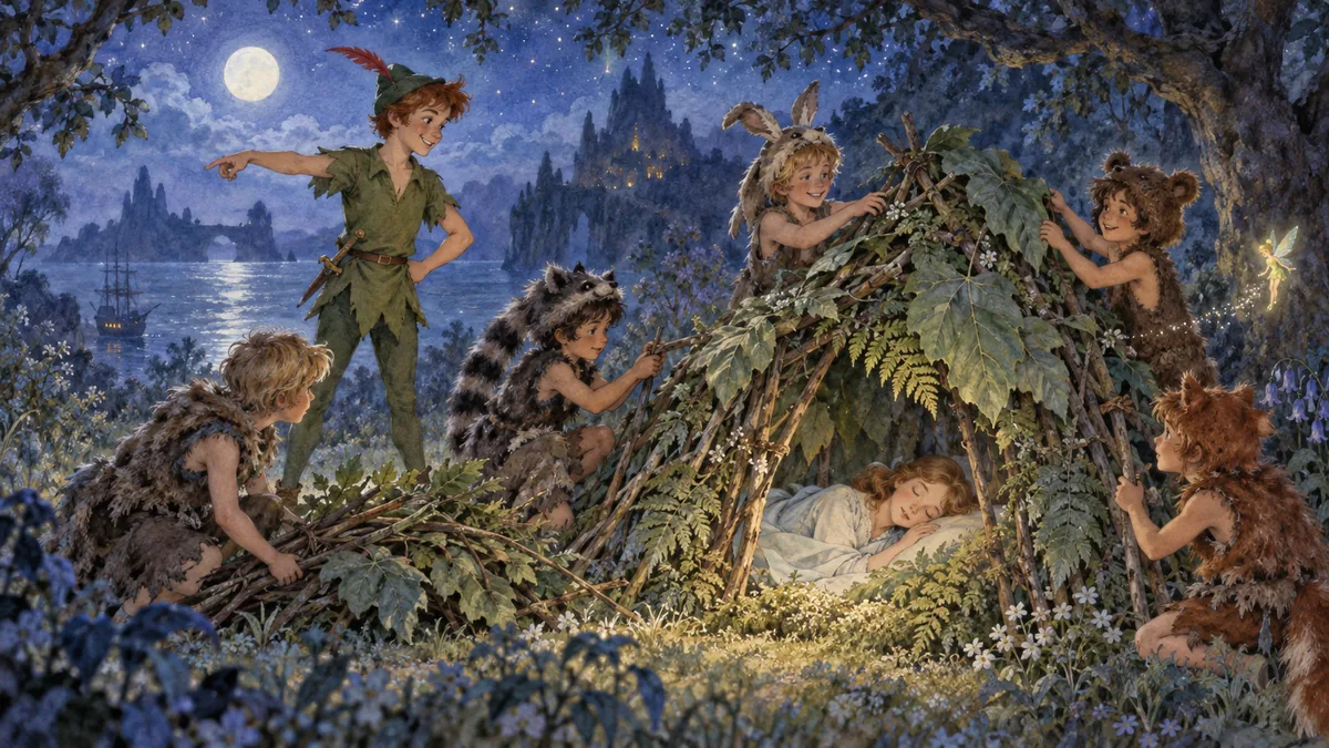 Die verlorenen Jungen bauen auf einer mondbeschienenen Waldlichtung ein winziges Haus aus Zweigen und Blättern um die schlafende Wendy, während Peter sie anleitet.