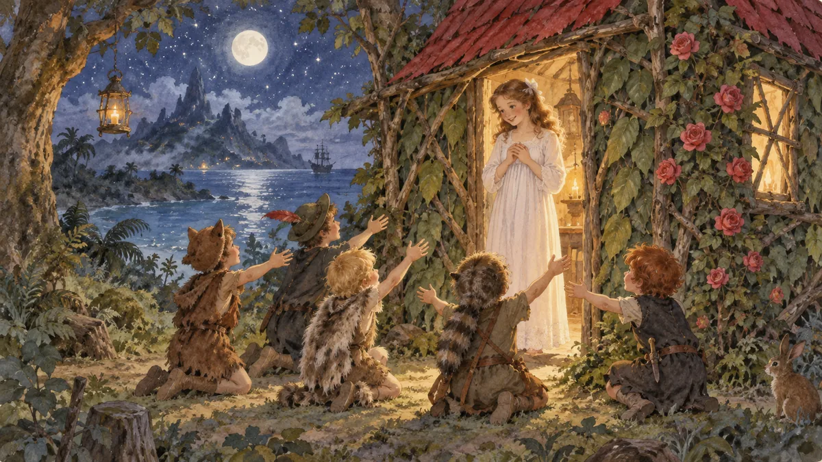 Wendy steht in der Tür des fertigen kleinen Blätterhauses, während die verlorenen Jungen darum knien und sie bitten, ihre Mutter zu sein.