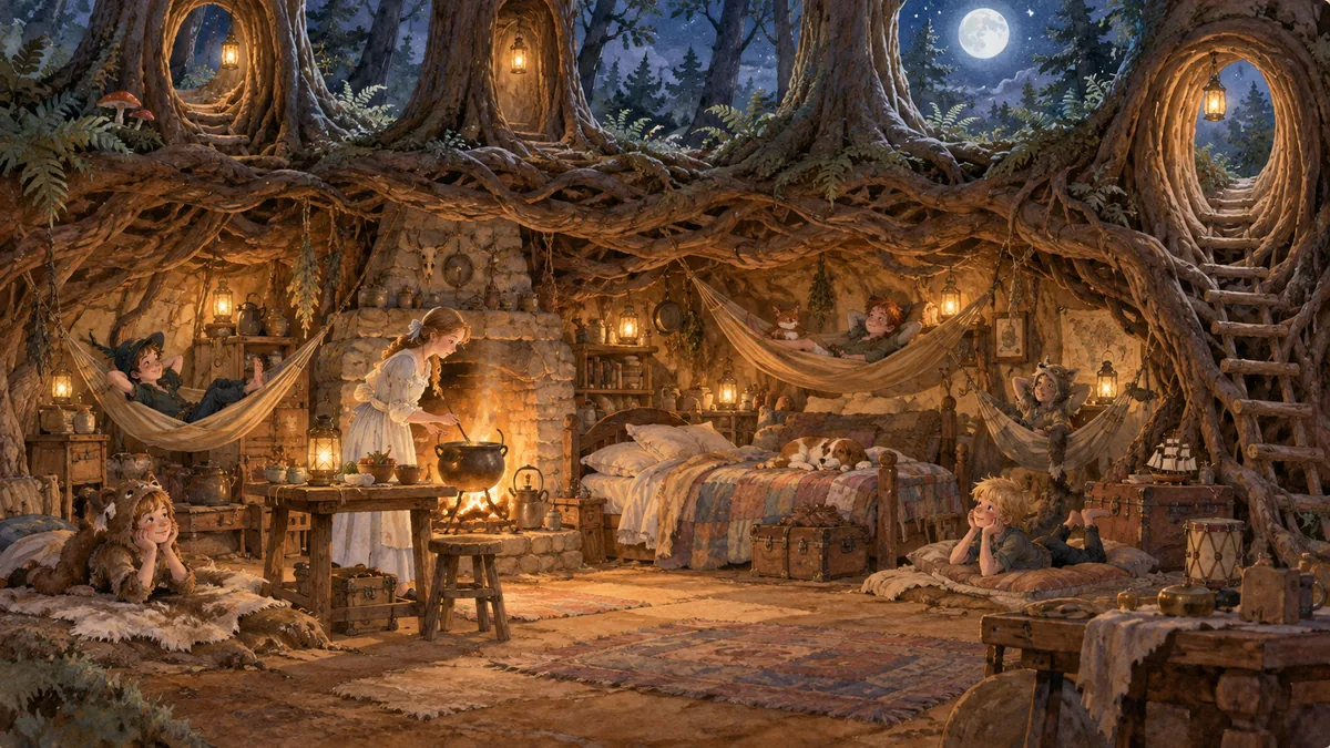 Das gemütliche einräumige Haus unter der Erde, erreichbar durch hohle Bäume, mit warmem Herd und Hängematten, wo Wendy einen Topf hütet und die Jungen faulenzen.
