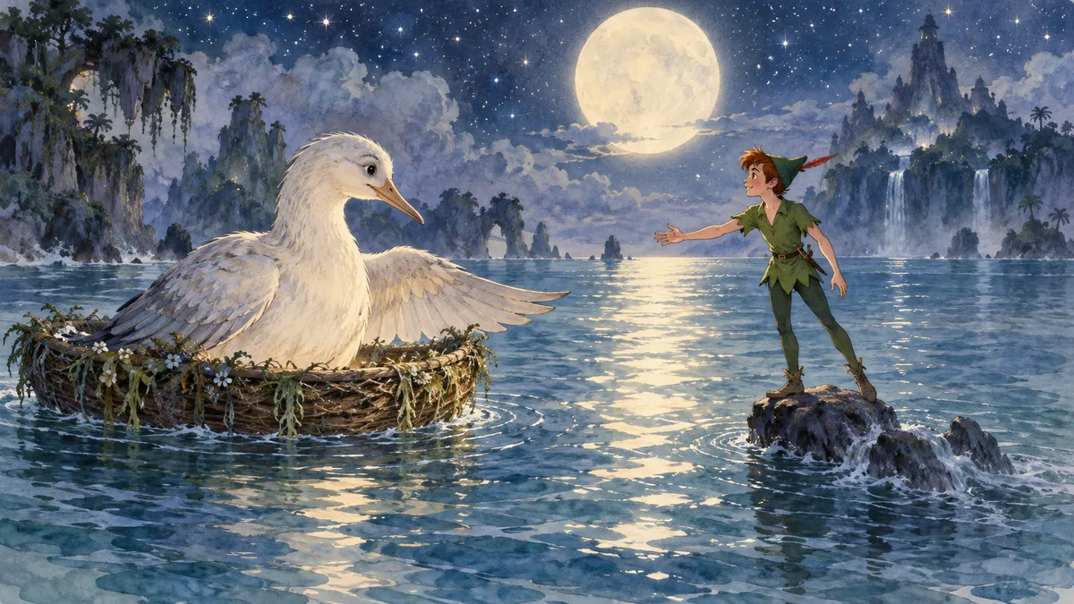 Der Nimmervogel treibt auf seinem Nest über die mondbeschienene Lagune auf Peter Pan zu, der auf dem letzten Rest des Felsens steht.