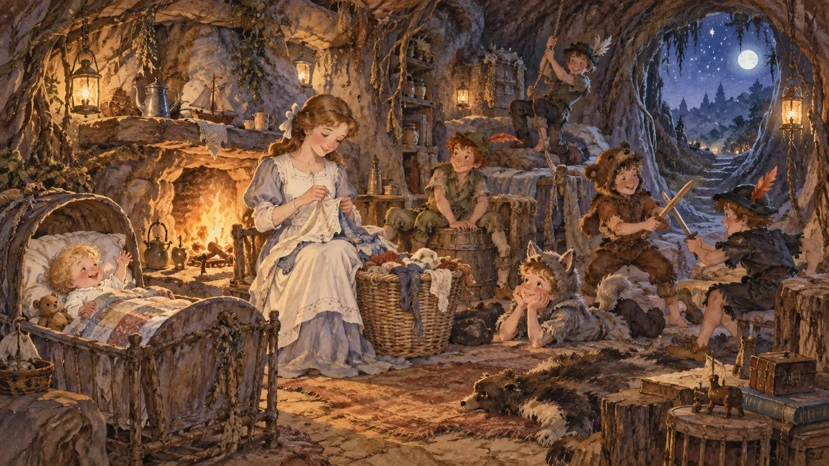 Wendy sews by the fire at a big darning basket while the lost boys play around her and Michael lies in a cradle in the underground home.