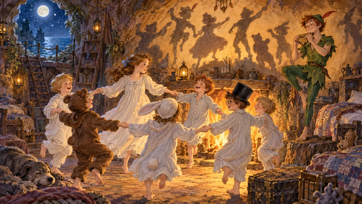 The lost boys and Wendy dance in a ring in their nightgowns by the glowing hearth as Peter plays his pipes.
