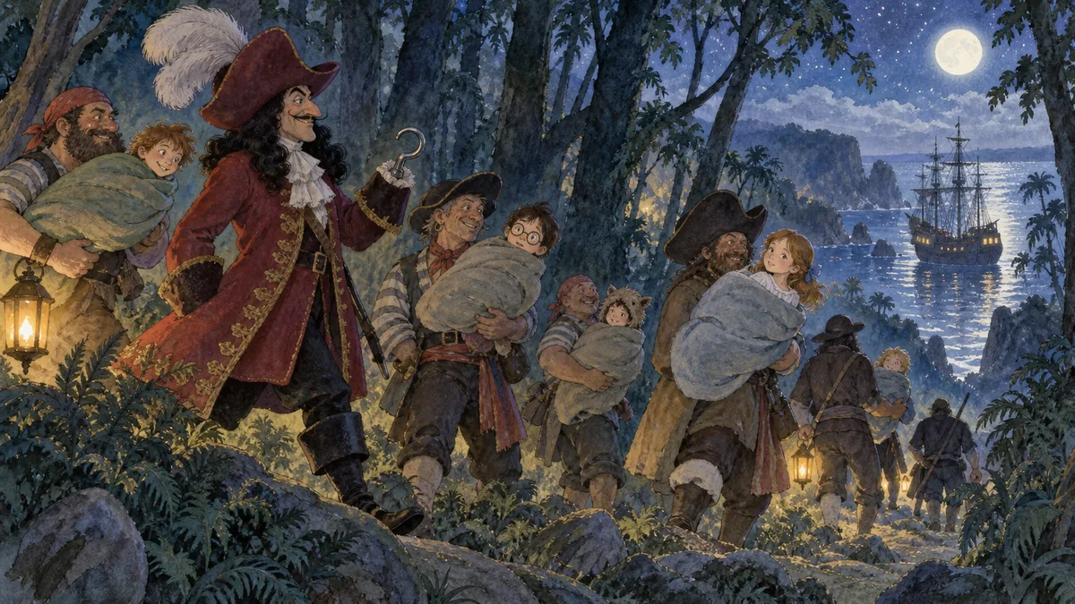 In a shadowy moonlit forest, Hook's pirates stealthily carry off the bundled lost boys and Wendy toward the distant sea.