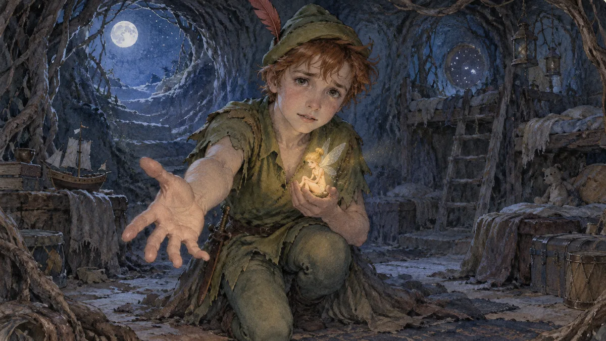 Peter Pan kneels cradling the faintly glowing Tinker Bell in his hands and flings an arm out, calling on everyone to believe in fairies.