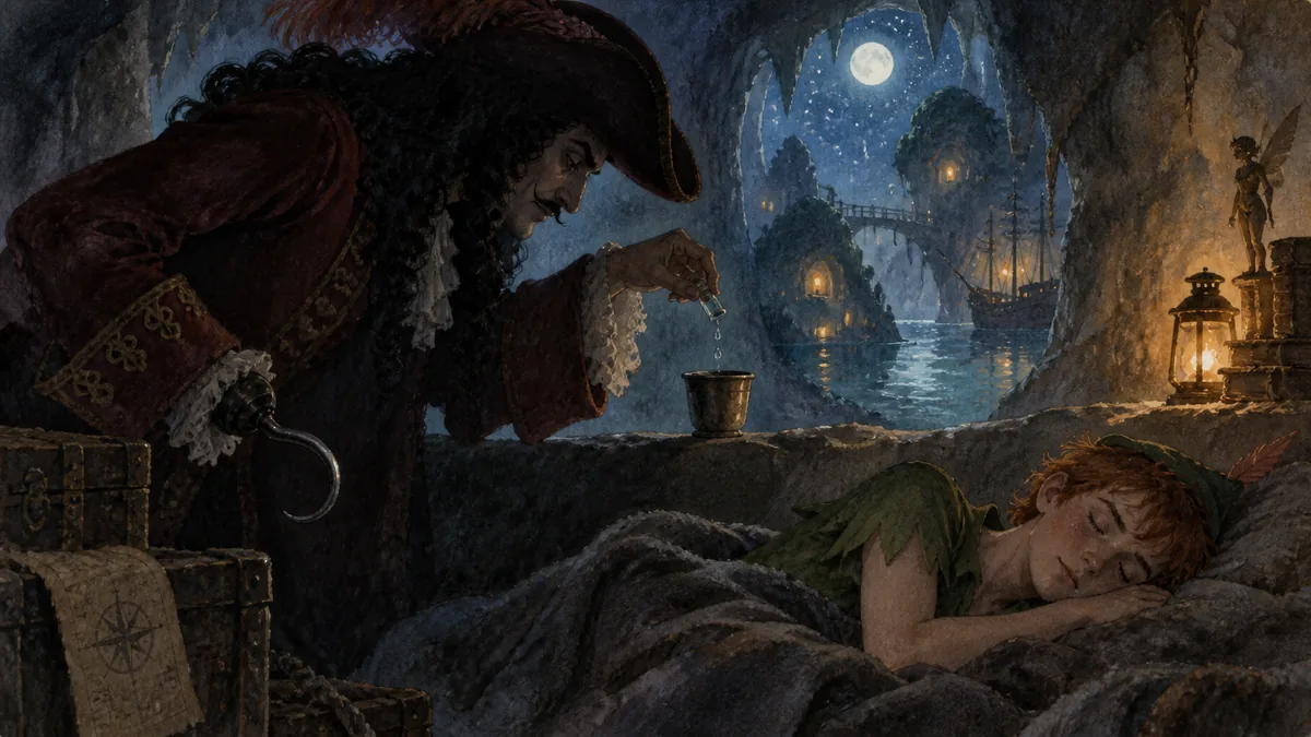 The shadowy figure of Captain Hook leans over the sleeping Peter Pan, tipping drops from a phial into a cup on the ledge.