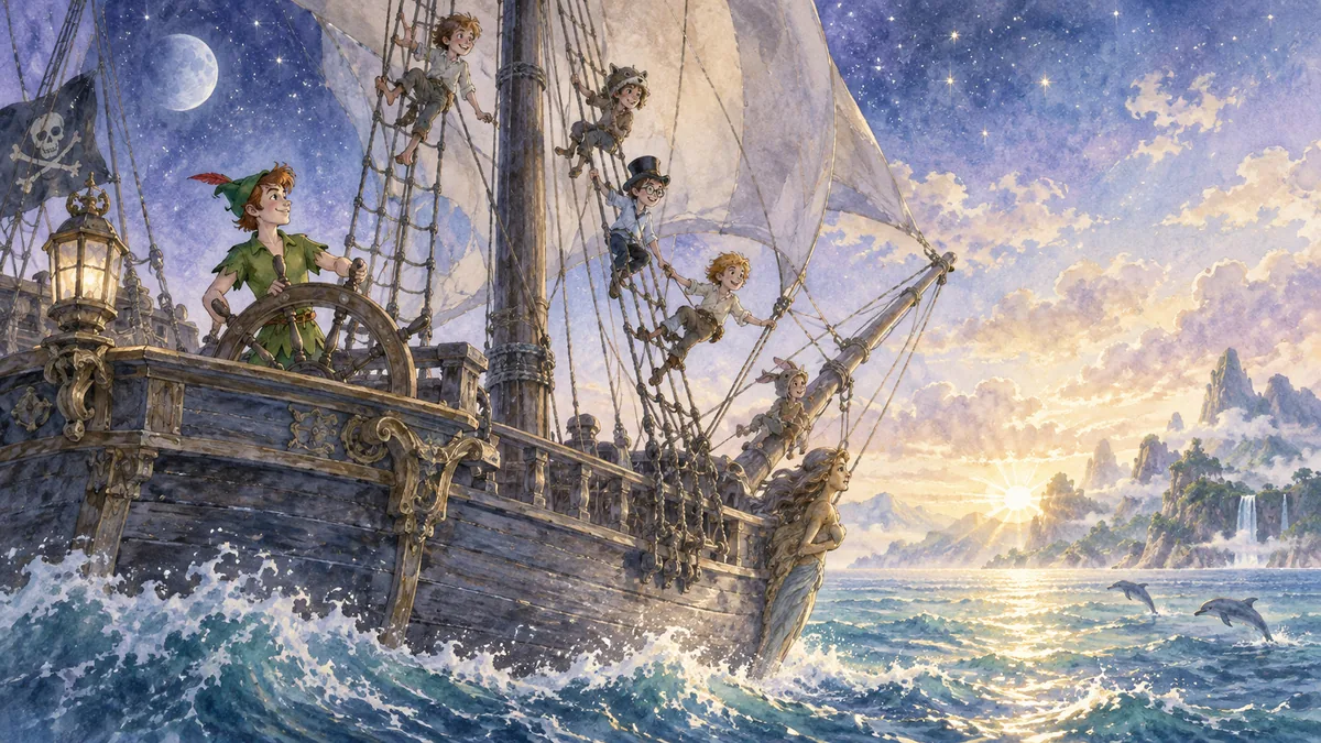 The captured pirate ship sails home over a bright morning sea with the lost boys in the rigging and Peter Pan at the helm.