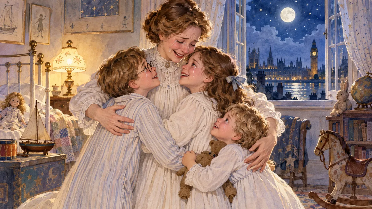 Mrs. Darling throws open her arms to embrace Wendy, John and Michael in the lamplit nursery beside an open moonlit window.