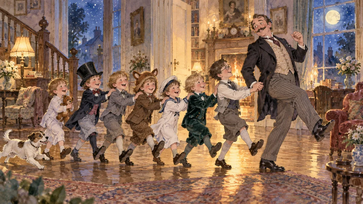 The lost boys, tidied into Edwardian clothes, follow Mr. Darling in a joyful follow-the-leader dance through the cosy Darling house.