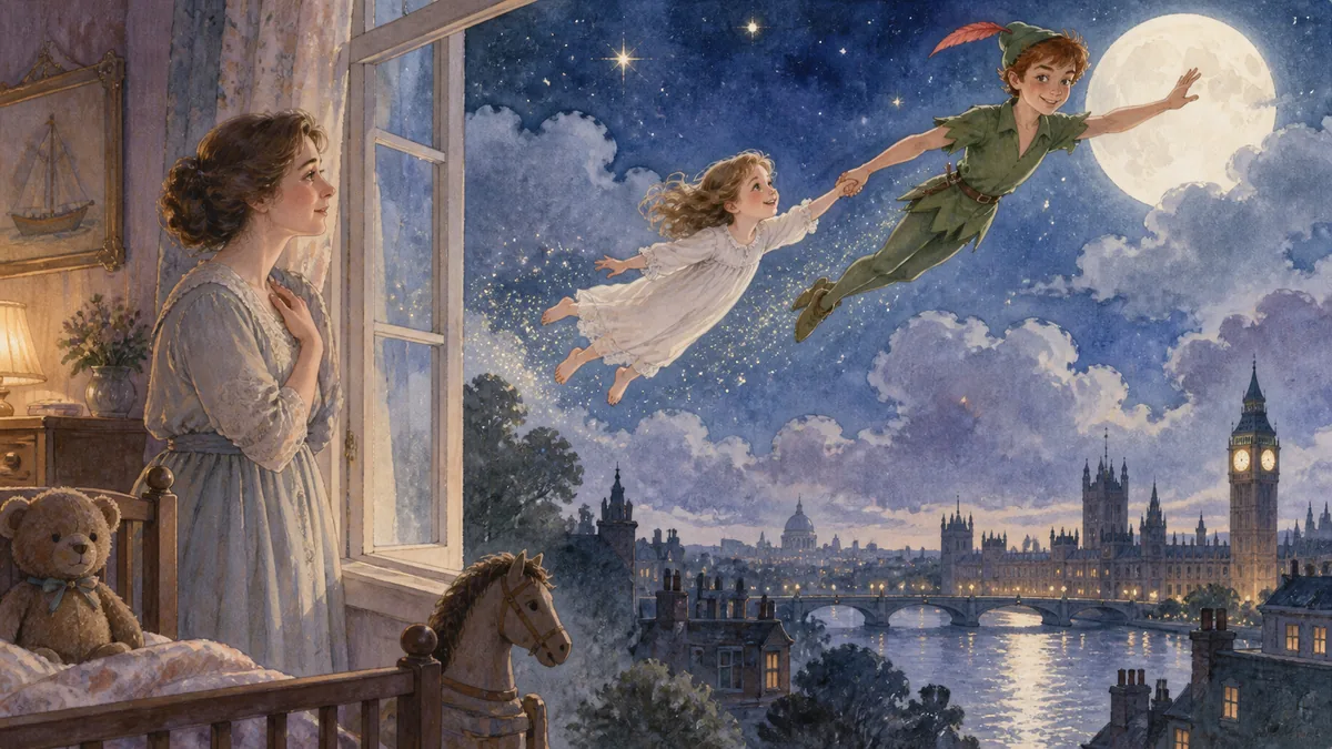 Peter Pan flies out of the moonlit window into a starry sky with little Jane while a grown-up Wendy watches wistfully.