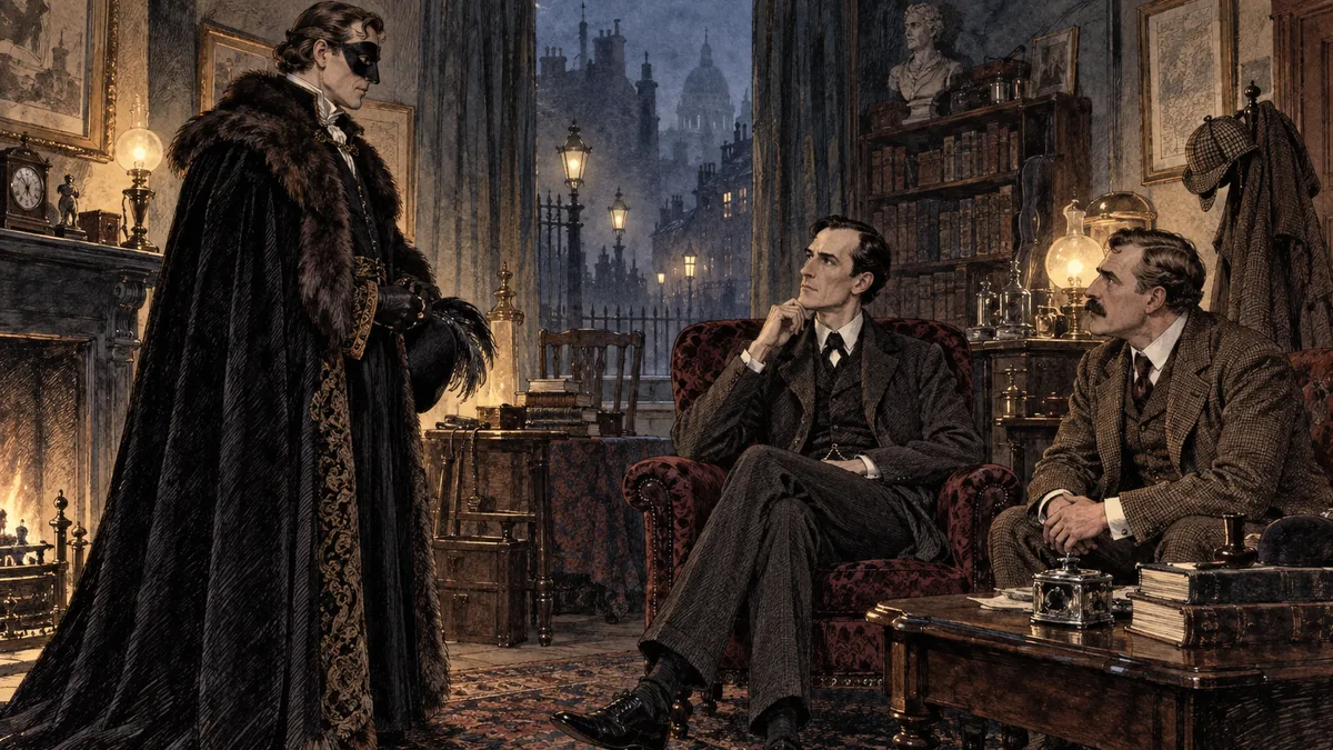 Ein hochgewachsener maskierter Edelmann im pelzverbrämten Umhang steht im gasbeleuchteten Wohnzimmer der Baker Street vor Holmes im Lehnstuhl und Watson.
