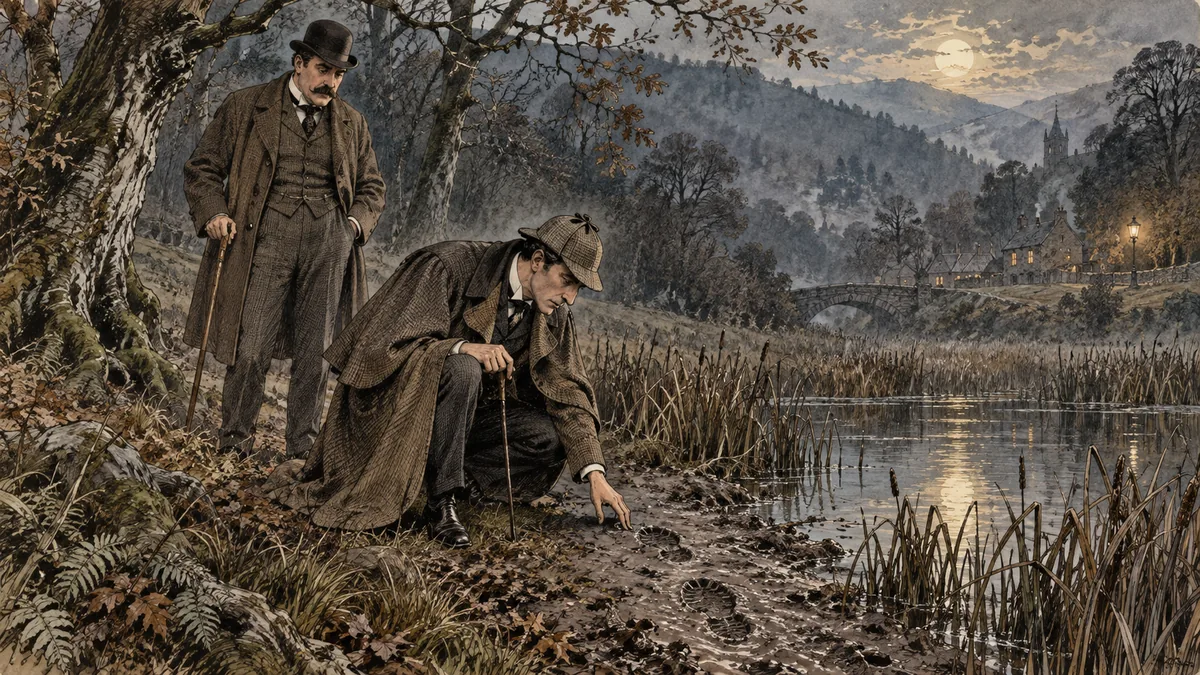 Holmes mit Deerstalker kauert am Rand eines schilfigen Teichs in einem bewaldeten Tal und untersucht Fußspuren im Schlamm, während Watson zusieht.