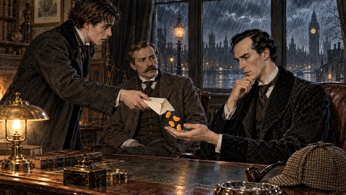 Ein junger Mann schüttet fünf Orangenkerne aus einem Umschlag in Holmes' Hand, während hinter Watson Regen gegen das dunkle Fenster peitscht.