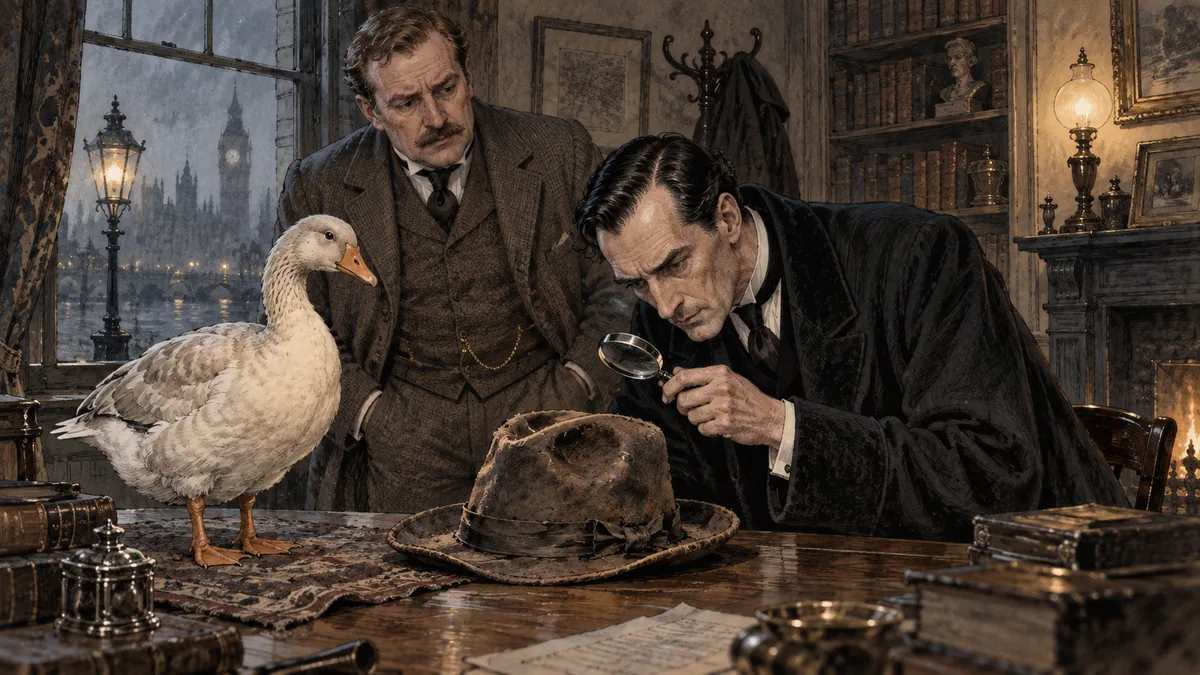 Eine fette Gans und ein zerbeulter brauner Filzhut liegen auf dem Tisch, während Holmes den Hut mit der Lupe untersucht und Watson zusieht.