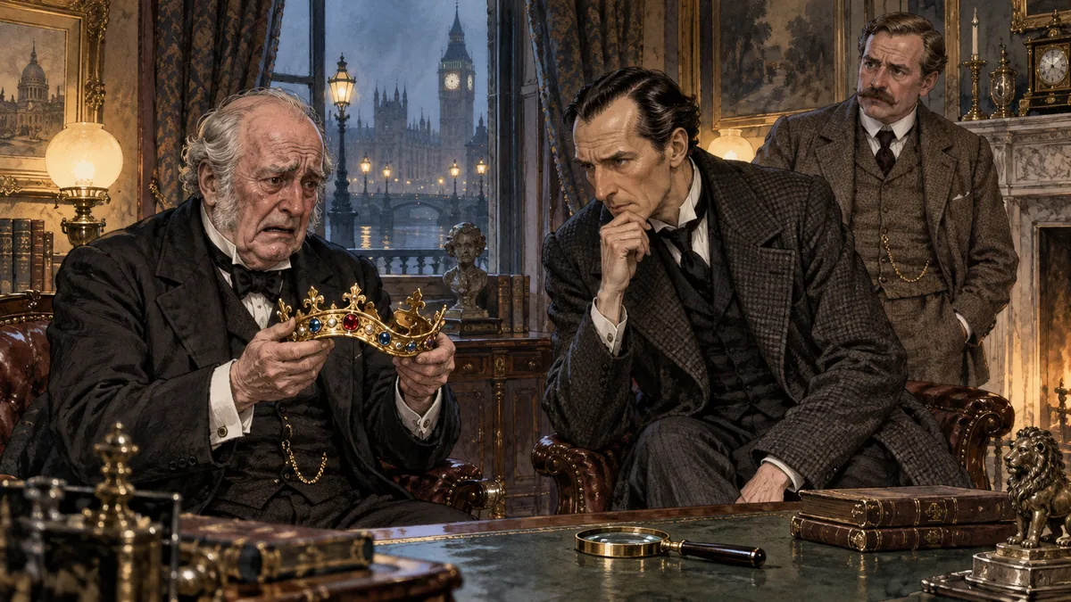 Ein verzweifelter älterer Bankier hält ein verbogenes goldenes Diadem mit Edelsteinen, während Holmes es betrachtet und Watson am Kamin steht.