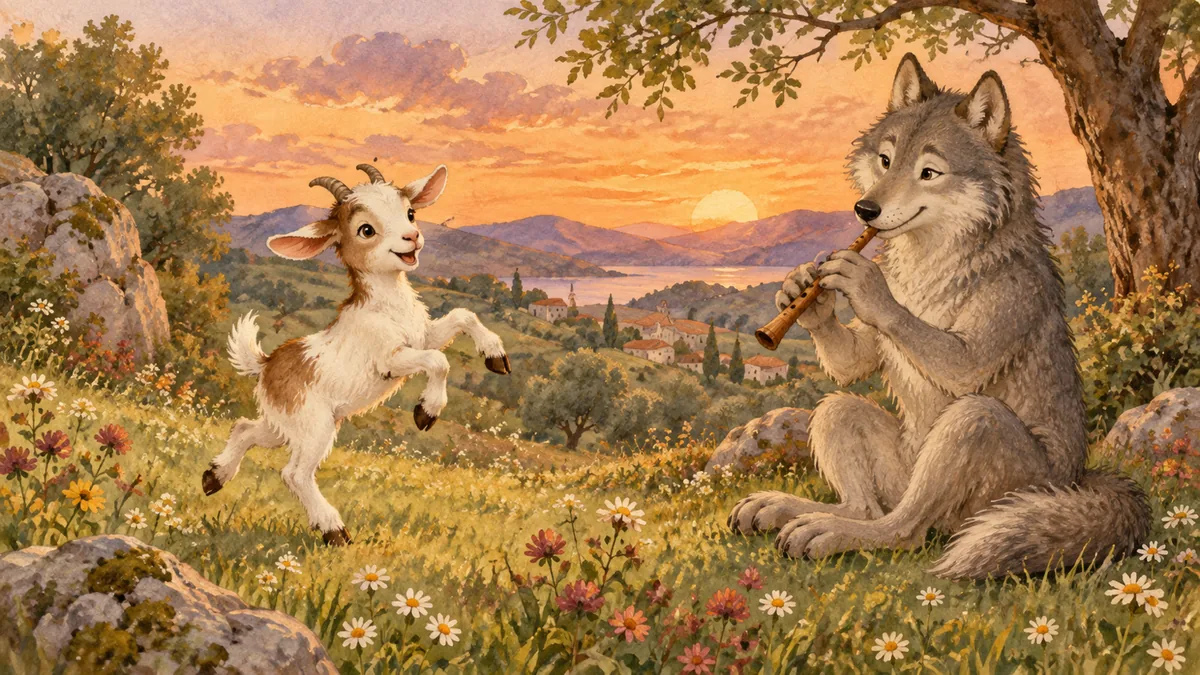 Das kleine Ziegenkitz tanzt fröhlich auf der Wiese, während der Wolf sitzt und auf einer Rohrflöte spielt.