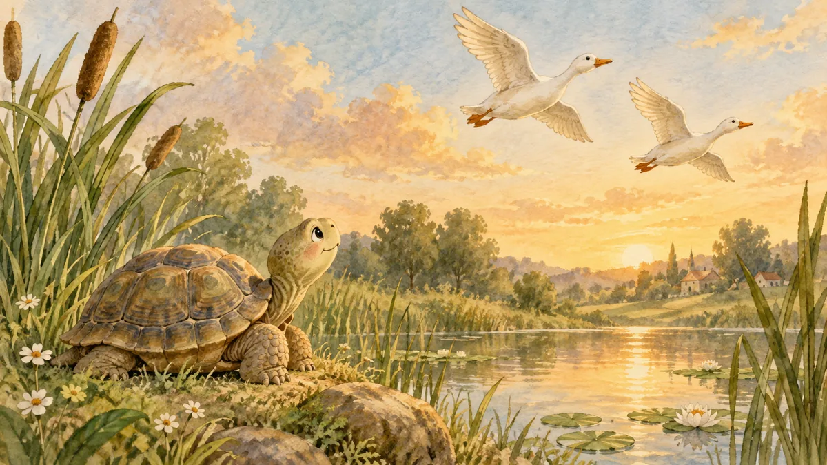 Eine Schildkröte an einem schilfigen Teich blickt zu zwei weißen Enten hinauf, die über sie hinwegfliegen.