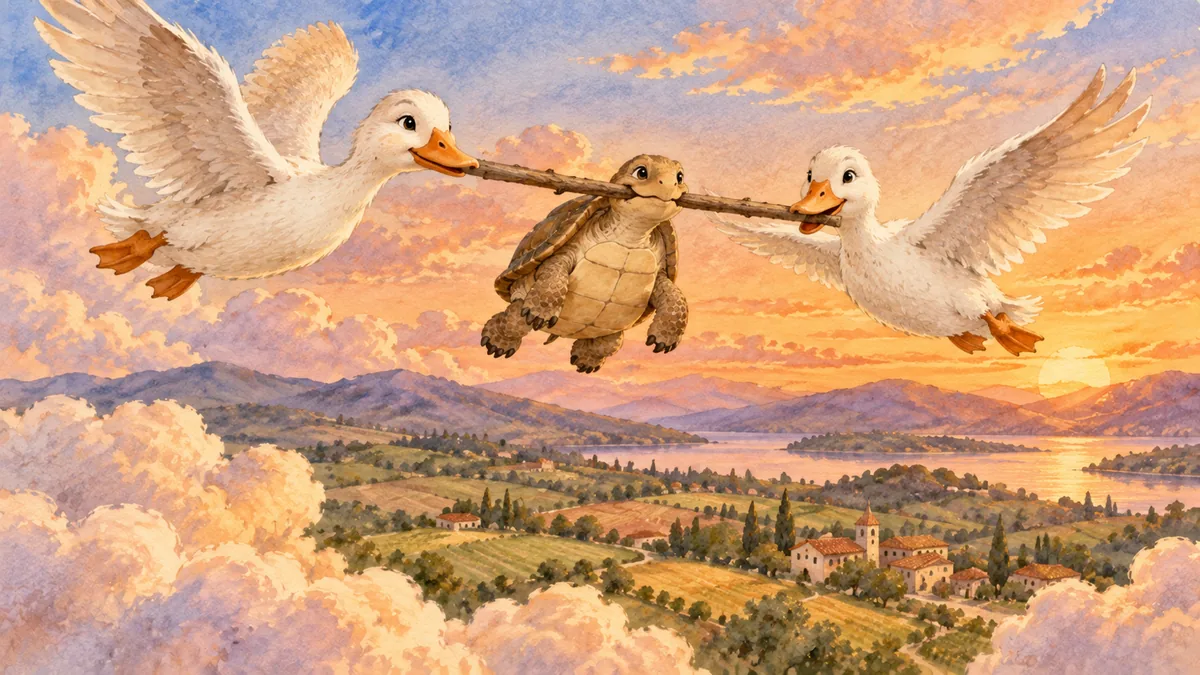 Die Schildkröte segelt hoch am Himmel, hält einen Stock im Maul, während je eine Ente an jedem Ende sie über das Land trägt.