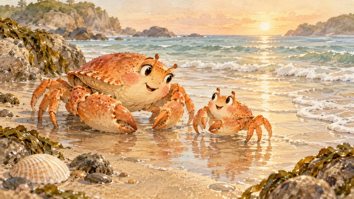 Eine Mutterkrabbe und ihre kleine Krabbe stehen einander am nassen Sand des Meeresufers gegenüber.